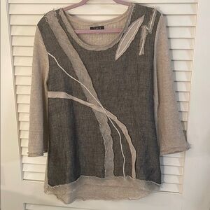 Jaskar Cream Embellished Detailed Black Graphic Asymmetrical Blouse Top Sweater